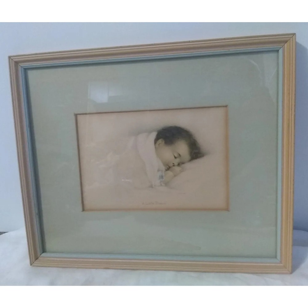 Vtg Framed Baby Print "A LITTLE DREAM" Nursery Decor H.B. 1932 11"x9" READ